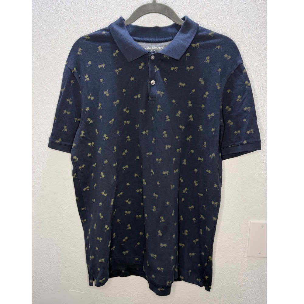 Banana‎ Republic Pique Polo Mens Large Navy Palm Tree Print Short Sleeve Organic